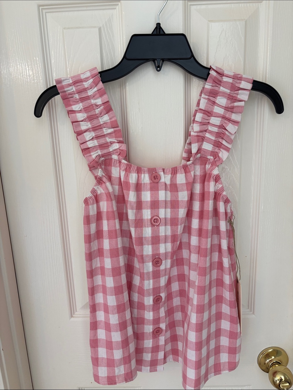 Ruffle Strap Pink Gingham Button-Front Tank Top